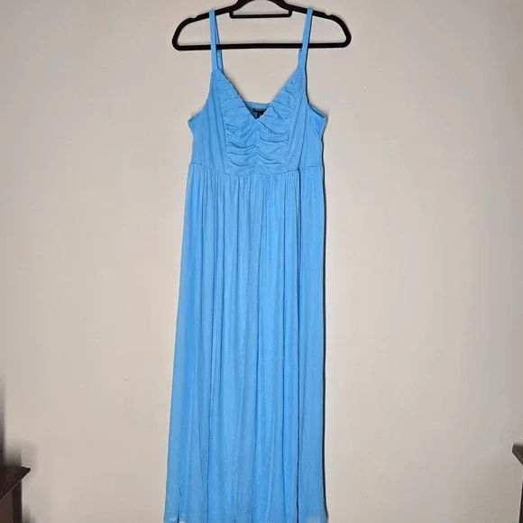 NWT Torrid Mesh Spaghetti Strap Ruched Bust Maxi Dress Blue Size 12 Large Flowy - Picture 1 of 7